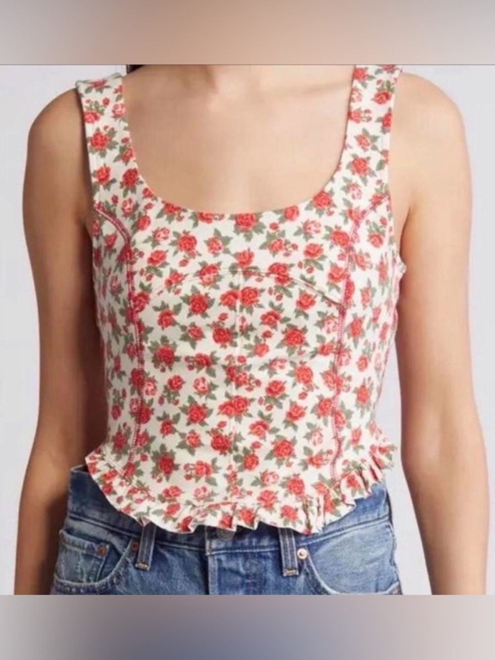 Free People Cream Tank Top with Red Rose Print